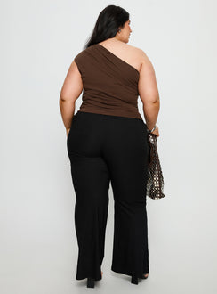 back view of model wearing Princess Polly Kortnee Eyelet Detail Flare Leg Pants Black Curve Mid Rise Pants Pants 