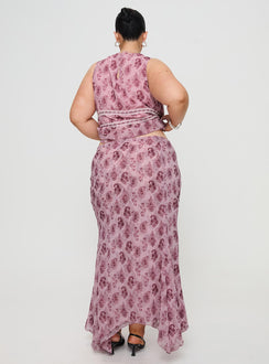 back view of model wearing Princess Polly Nikolise Maxi Skirt Purple Curve Maxi Skirts Skirts 