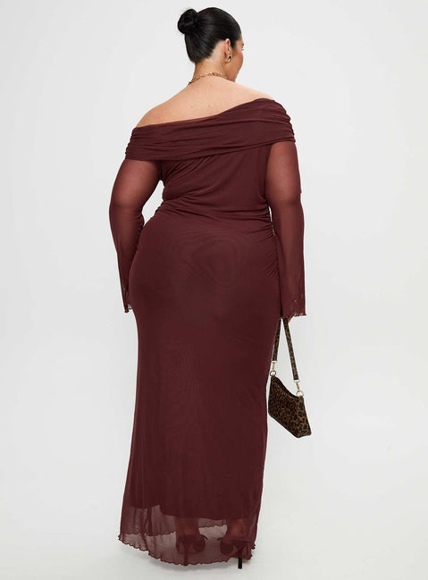 back view of model wearing Princess Polly Consideration Maxi Dress Chocolate Curve Straight Neck 