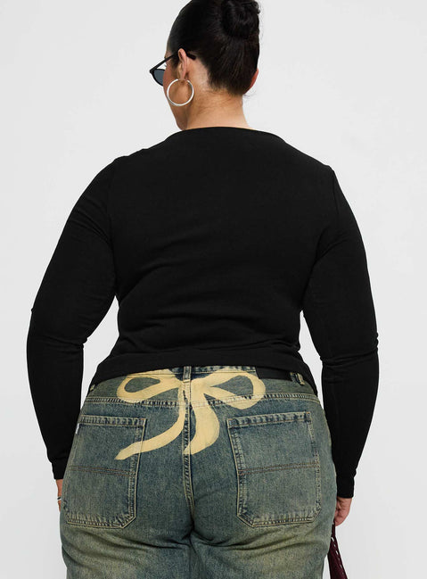 back view of model wearing Princess Polly Kortez Long Sleeve Zip Through Top Black Curve Full Sleeves Crew Neck 