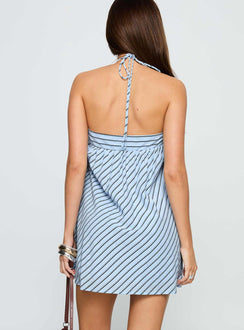 back view of model wearing Princess Polly Moonlit Mini Dress Blue Stripe Asymmetric Neckline 