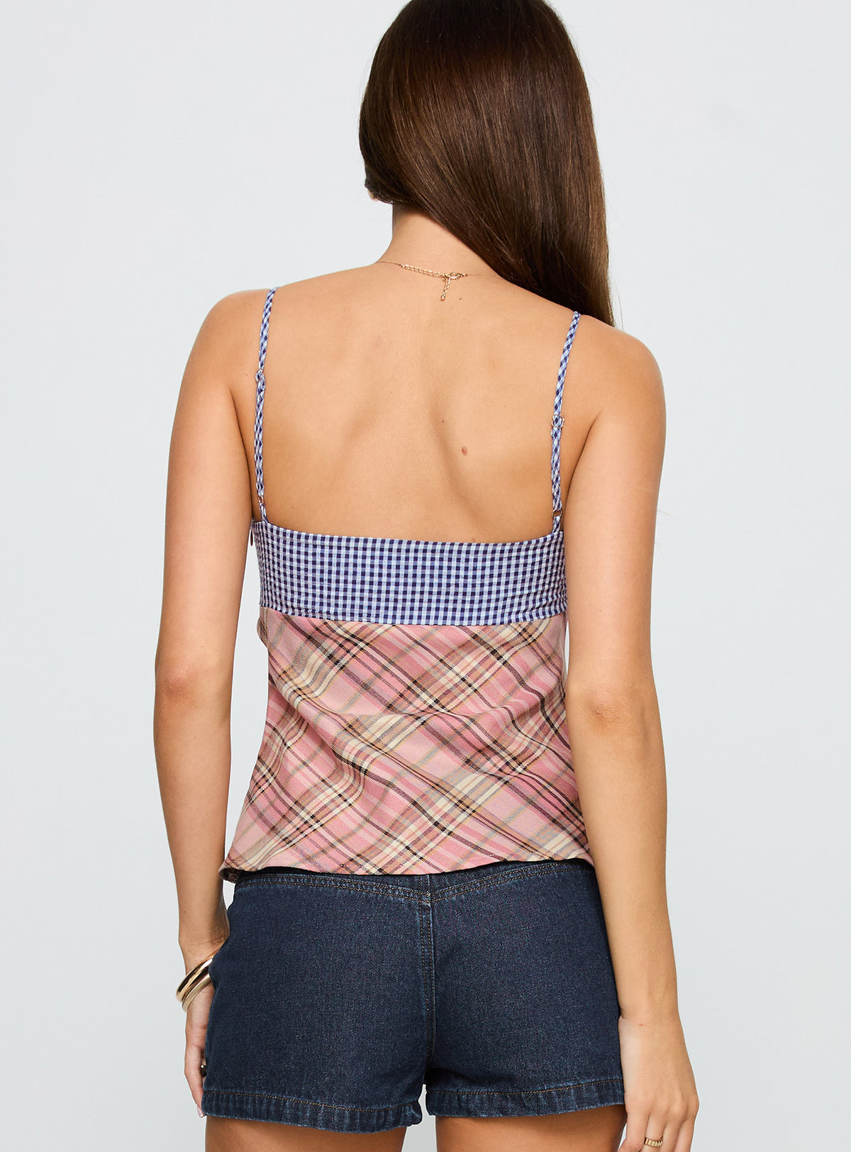 back view of model wearing Princess Polly Petallic Patchwork Top Multi Sleeveless Sweetheart 