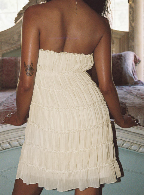 back view of model wearing Princess Polly Opalette Strapless Mini Dress Cream Straight Neck 
