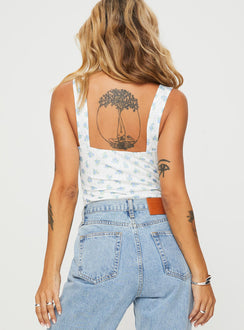 back view of model wearing Princess Polly Lupton Bodysuit White / Blue Floral Sleeveless Bodysuit 