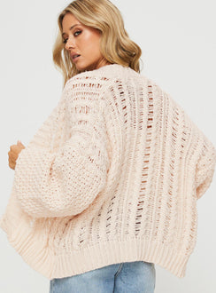 back view of model wearing Princess Polly Abner Cable Cardigan Beige Longline Jumpers Jumpers 
