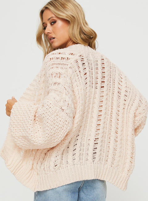 back view of model wearing Princess Polly Abner Cable Cardigan Beige Longline Jumpers Jumpers 