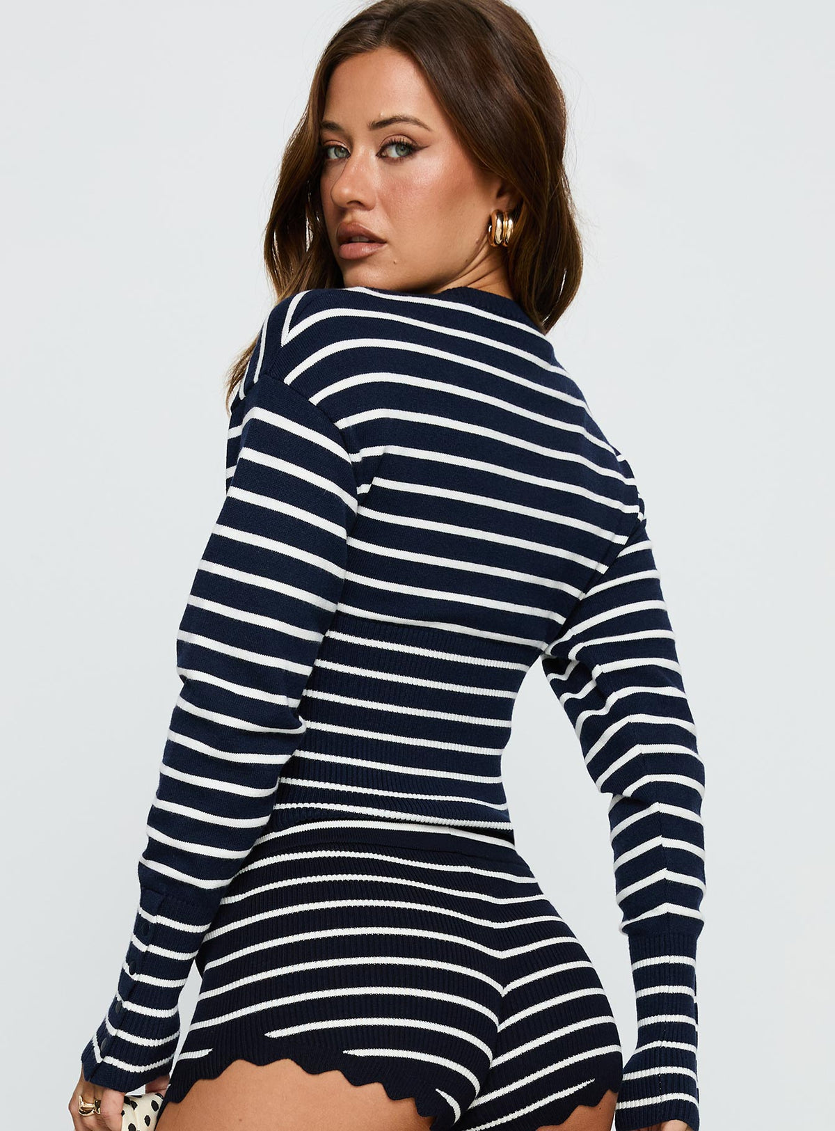 back view of model wearing Princess Polly Head In The Clouds Cardigan Navy Stripe Cropped Jumpers Jumpers 