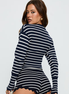 back view of model wearing Princess Polly Head In The Clouds Cardigan Navy Stripe Cropped Jumpers Jumpers 