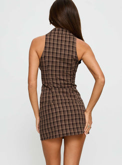 back view of model wearing Princess Polly Meggan Mini Skirt Chocolate Check Mini Skirts Skirts 