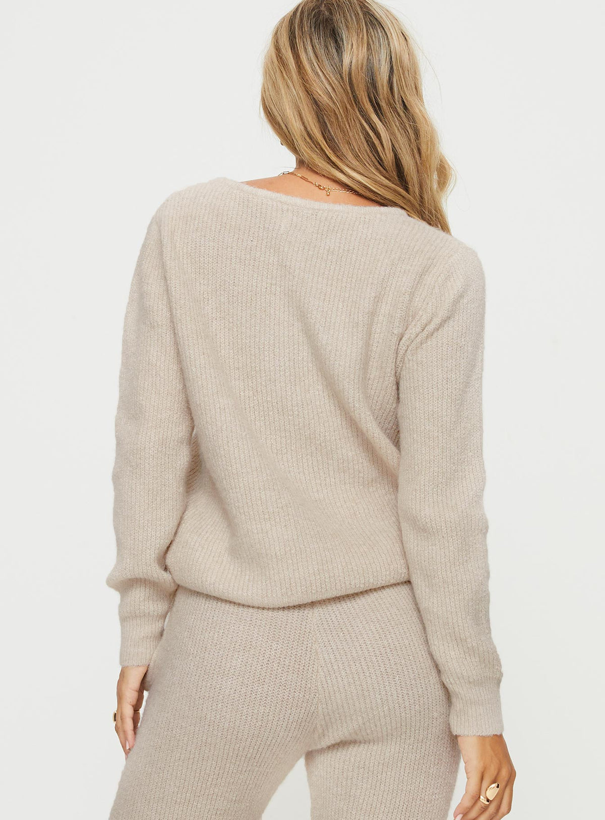 back view of model wearing Princess Polly Abrams Rib Knit Crew Sweater Beige regular Jumpers 