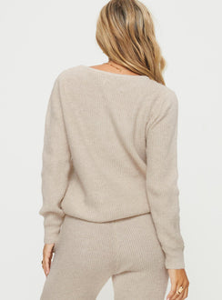 back view of model wearing Princess Polly Abrams Rib Knit Crew Sweater Beige regular Jumpers 