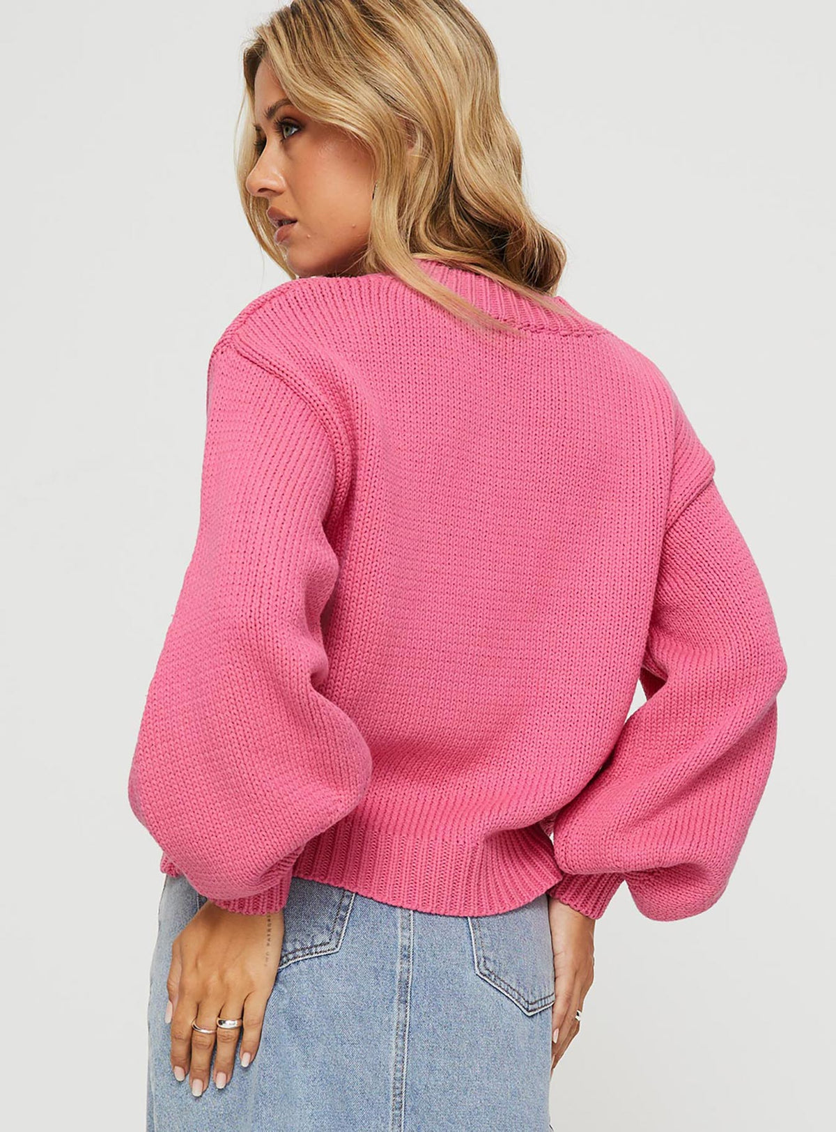 back view of model wearing Princess Polly Harmony Balloon Sleeve Knit Sweater Pop Pink regular Jumpers 