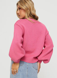 back view of model wearing Princess Polly Harmony Balloon Sleeve Knit Sweater Pop Pink regular Jumpers 