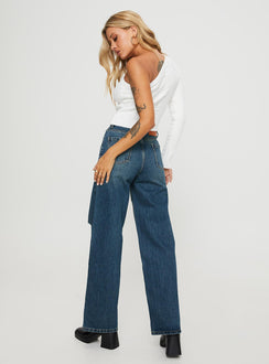 back view of model wearing Princess Polly Beetle High Rise Wide Leg Ripped Jeans Mid Wash Mid Rise Jeans Jeans 