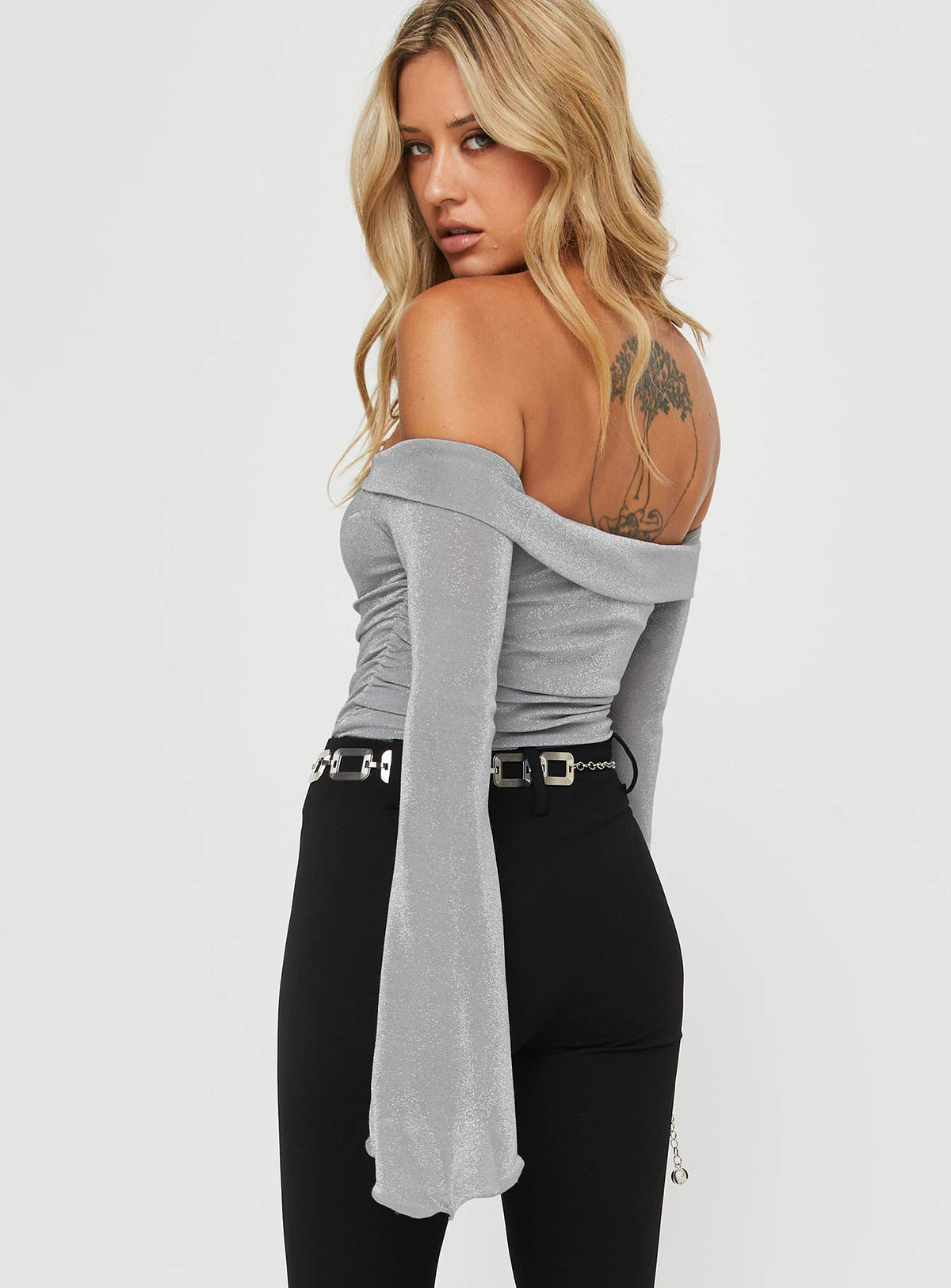 back view of model wearing Princess Polly Tullo Off The Shoulder Bodysuit Grey Long Sleeve Tops Bodysuit 