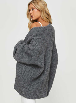 Designed with Paisleigh Cable Knit Cardigan Charcoal womens jumpers in long length back view of model wearing Princess Polly