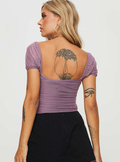 back view of model wearing Princess Polly Dostan Bodysuit Dusty Purple Short Sleeves Square Neck 