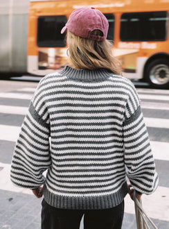 back view of model wearing Princess Polly Soloman Sweater Grey Stripe Longline Jumpers Jumpers 