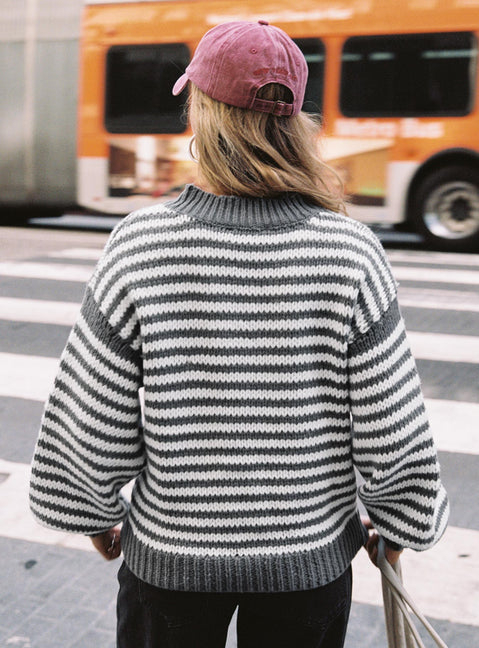 back view of model wearing Princess Polly Soloman Sweater Grey Stripe Longline Jumpers Jumpers 