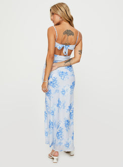 back view of model wearing Princess Polly Hamri Maxi Dress White / Blue Floral Sweetheart Neckline 