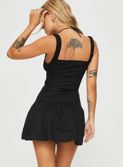 back view of model wearing Princess Polly Heart Shaped Mini Dress Black Square Neck 