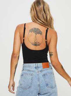back view of model wearing Princess Polly Off Stage Bodysuit Black Sleeveless Bodysuit 