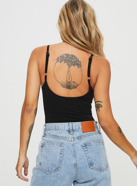 back view of model wearing Princess Polly Off Stage Bodysuit Black Sleeveless Bodysuit 