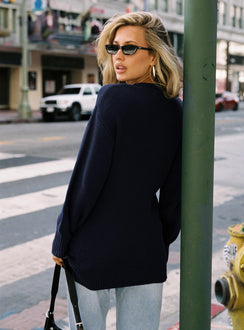 back view of model wearing Princess Polly Amsterdam Sweater Navy Longline Jumpers Jumpers 