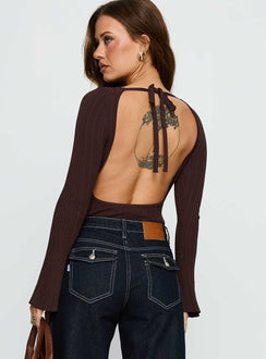 back view of model wearing Princess Polly Mayok Long Sleeve Bodysuit Brown Long Sleeve Tops Bodysuit 