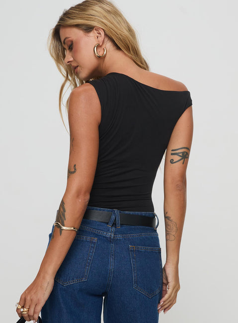 back view of model wearing Princess Polly Miyako Bodysuit Black Tall Sleeveless Bodysuit 