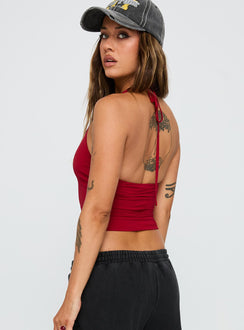 back view of model wearing Princess Polly Ezekiel Nylon Top Red Sleeveless Scoop Neck 