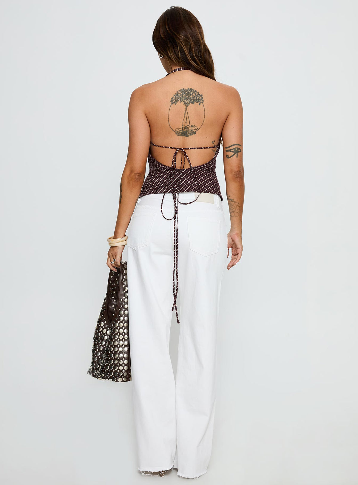 back view of model wearing Princess Polly Sabryna Low Rise Straight Leg Jeans White Low Rise Jeans Jeans 