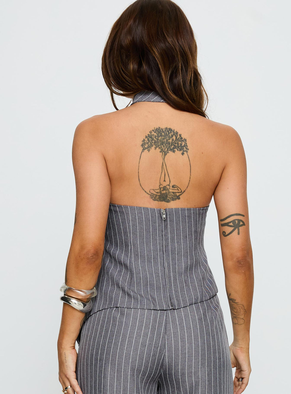 Uvelia Tie Detail Top Grey Pinstripe