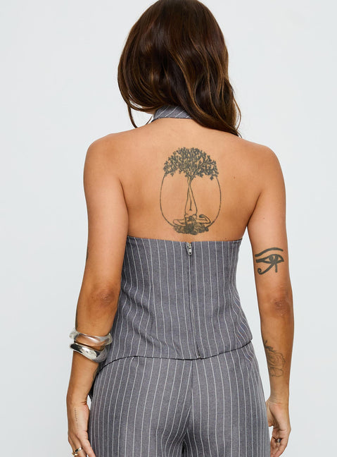 Uvelia Tie Detail Top Grey Pinstripe