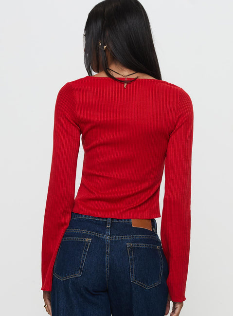 back view of model wearing Princess Polly Rowynne Long Sleeve Tie Up Top Red Full Sleeves Scoop Neck 