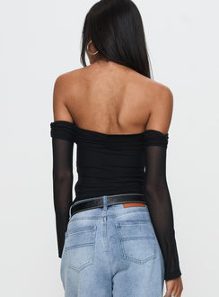 back view of model wearing Princess Polly Saelan Off Shoulder Long Sleeve Top Black Full Sleeves Sweetheart 