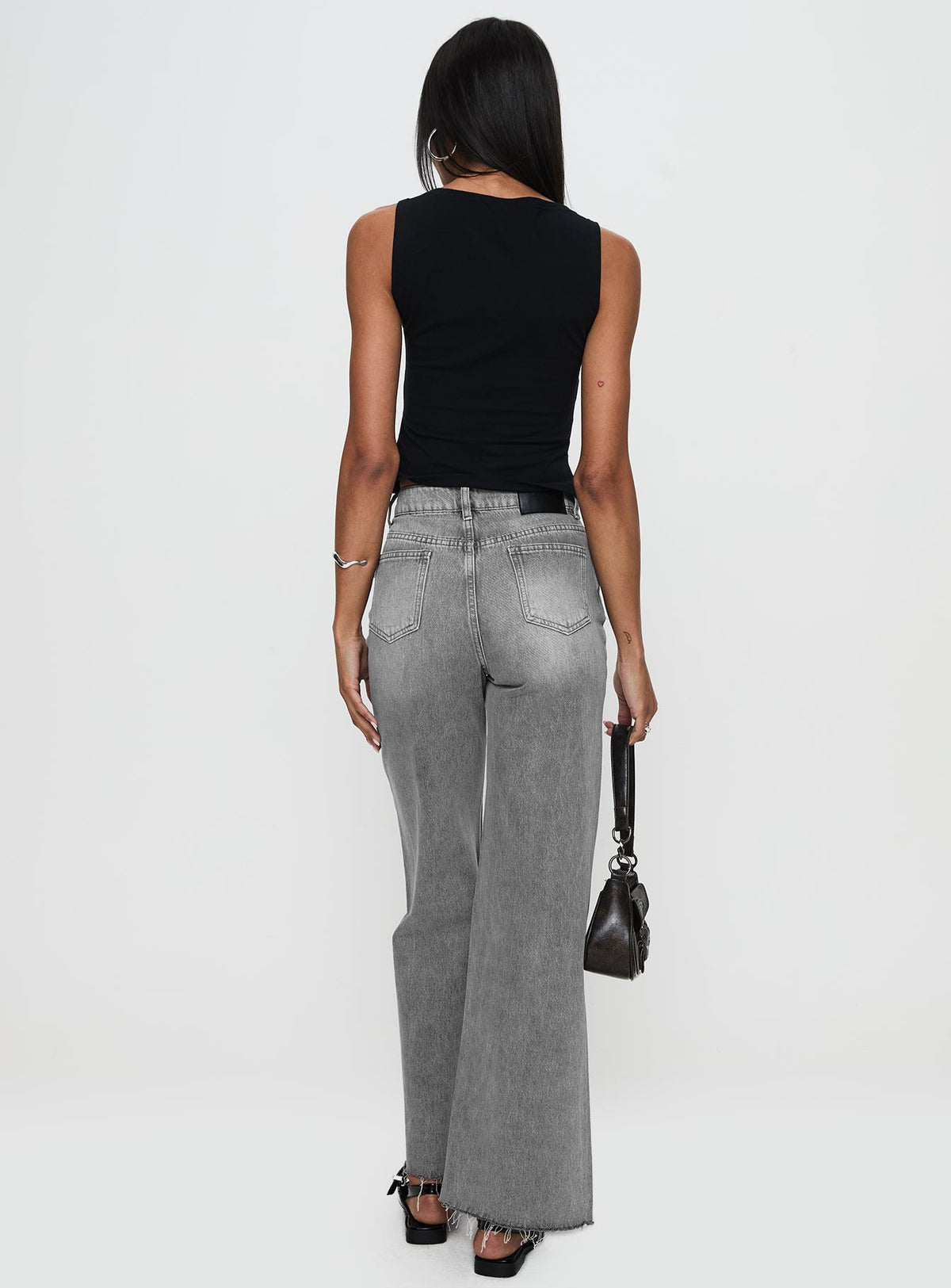 back view of model wearing Princess Polly Henesey High Rise Straight Leg Jeans Washed Grey High Rise Jeans Jeans 