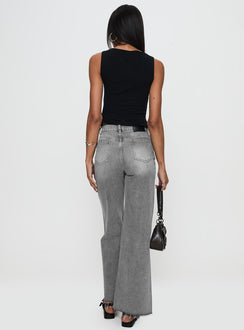 back view of model wearing Princess Polly Henesey High Rise Straight Leg Jeans Washed Grey High Rise Jeans Jeans 