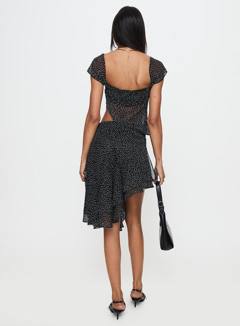 back view of model wearing Princess Polly Legacy Midi Skirt Onyx Polka Skirts 