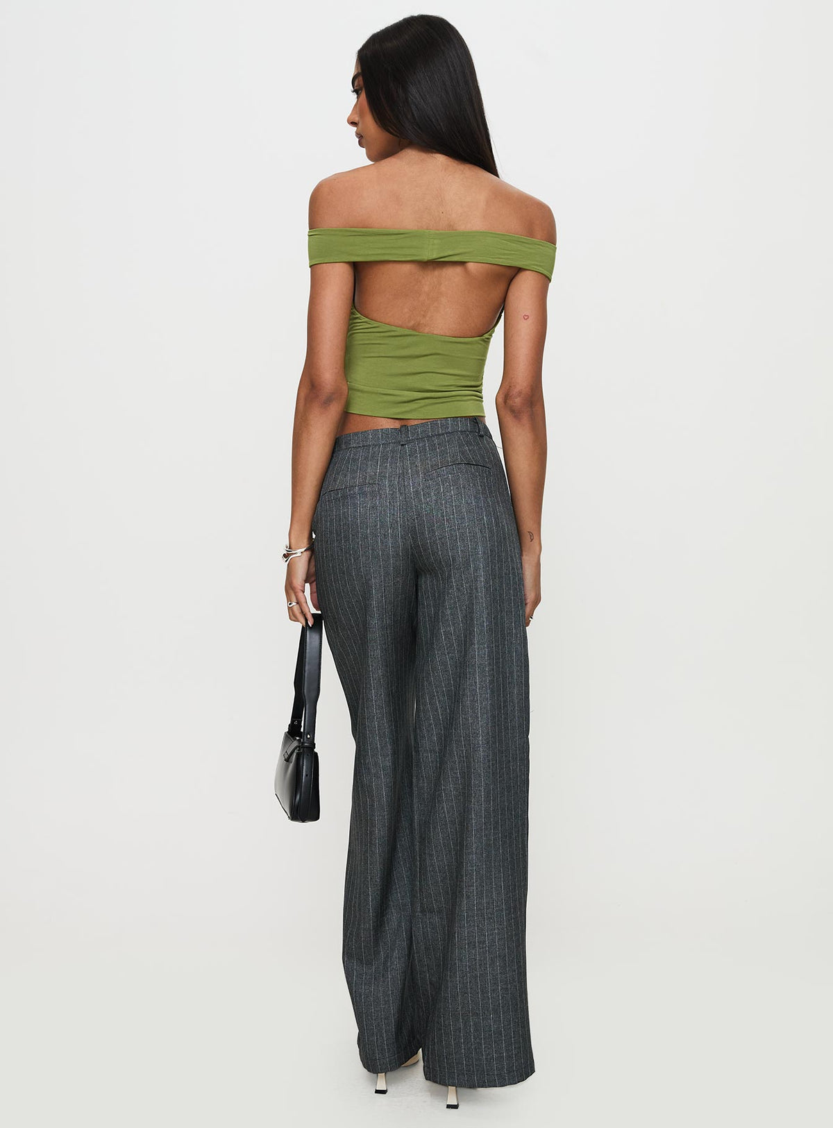 back view of model wearing Princess Polly Broadcast Pants Grey Pinstripe Low Rise Pants Pants 