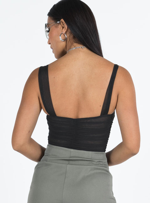 back view of model wearing Princess Polly Kalmia Bodysuit Black Sleeveless Bodysuit 