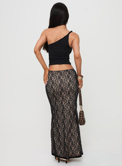 back view of model wearing Princess Polly Lourenzia Lace Maxi Skirt Black / Nude Maxi Skirts Skirts 