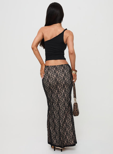 back view of model wearing Princess Polly Lourenzia Lace Maxi Skirt Black / Nude Maxi Skirts Skirts 