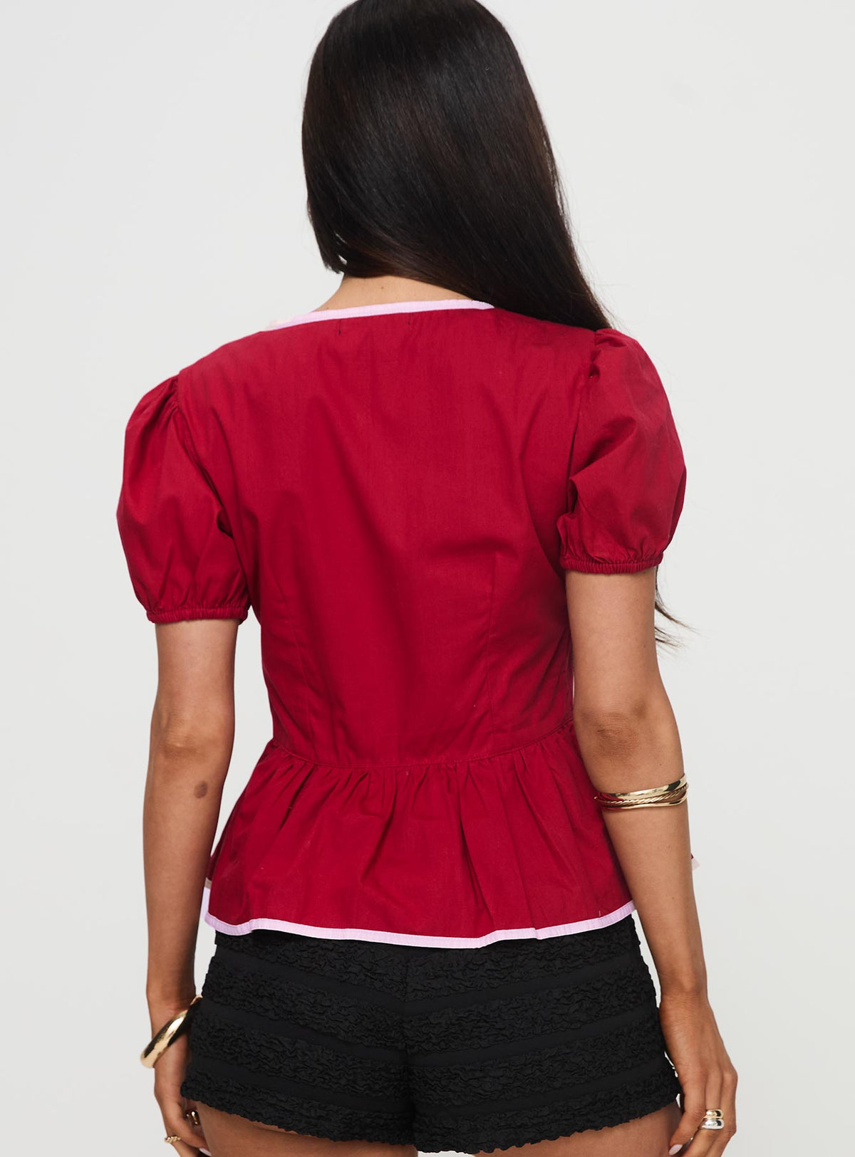 back view of model wearing Princess Polly Ryota Blouse Red/pink Short Sleeves Crew Neck 