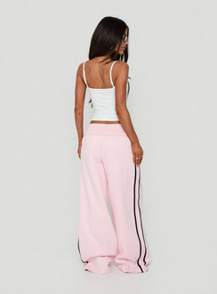 Lockie Foldover Baggy Track Pants Pink / Black womens regular pants with high-rise waist back view of model wearing Princess Polly