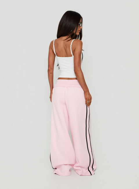 Lockie Foldover Baggy Track Pants Pink / Black womens regular pants with high-rise waist back view of model wearing Princess Polly
