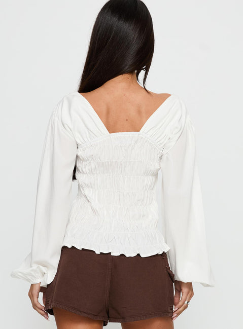 Lynnea Long Sleeve Shirred Top White
