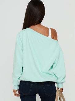 Presenting the Wellness Off The Shoulder Sweatshirt in pale turquoise womens-jumpers with oversized fit, boat neckline and short length back view of model wearing