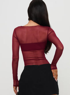back view of model wearing Princess Polly Duet Bodysuit Burgundy Long Sleeve Tops Bodysuit 
