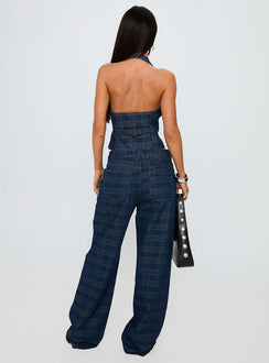 back view of model wearing Princess Polly Top Model Low Rise Straight Leg Jeans Indigo Plaid Mid Rise Jeans Jeans 